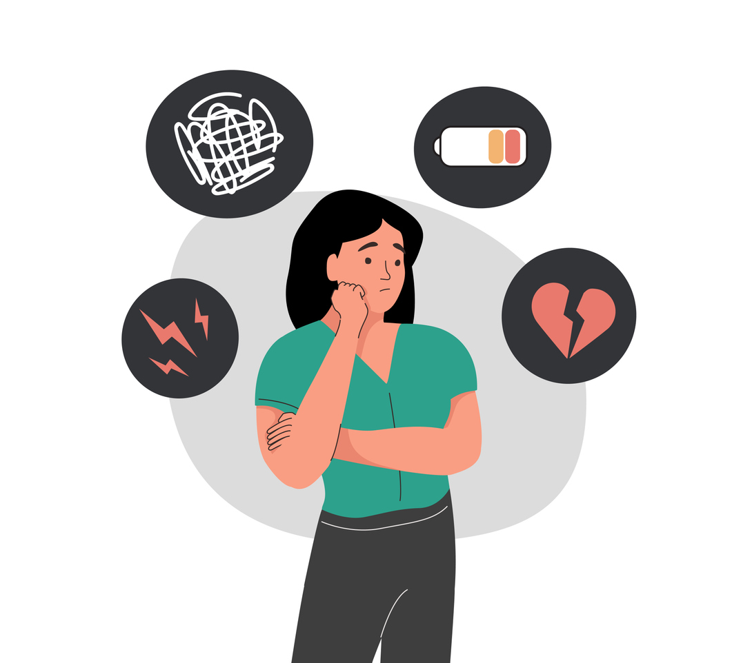 Illustration of woman surrounded by thoughts of broken heart, low battery and scribbles
