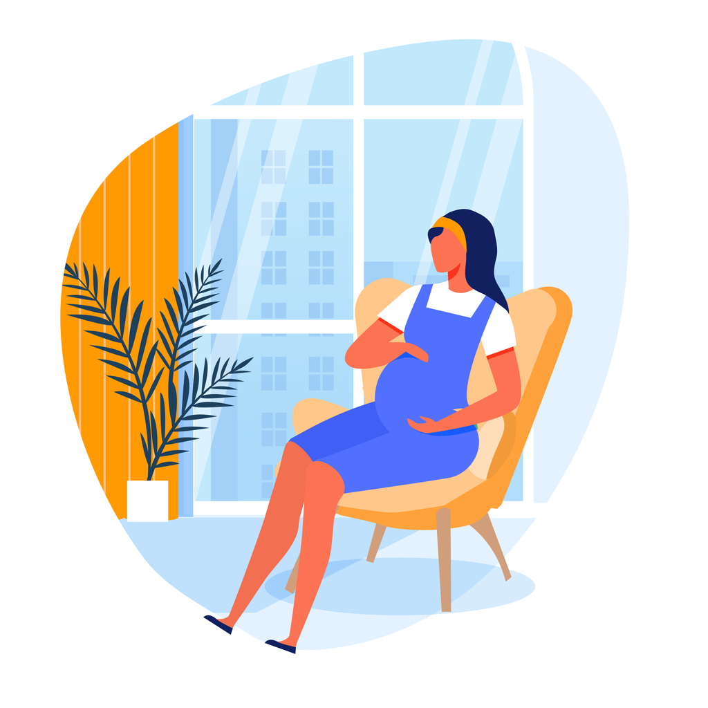 Illustration of pregnant woman sitting in a chair next to window and fern