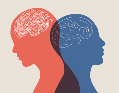 Brainspotting graphic depicting two silhouettes back to back, one with a brain outline and one with a fuzzy emotion cloud in their head