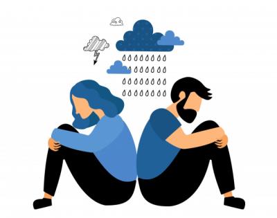 two people sitting back to back with a cloud of anxiety over their heads