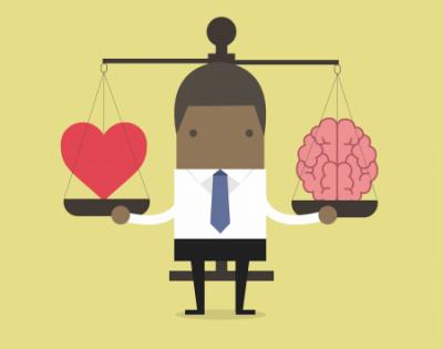animated person balancing heart and brain on scale