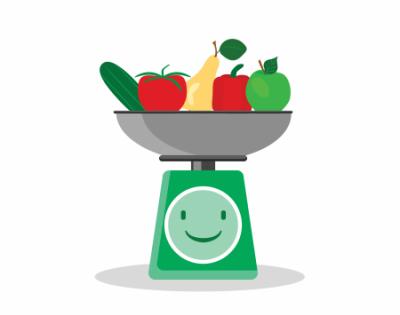 fruit being weighed on a scale with smiley face