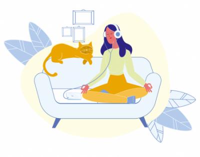 Illustration of woman with headphones meditating on couch next to cat