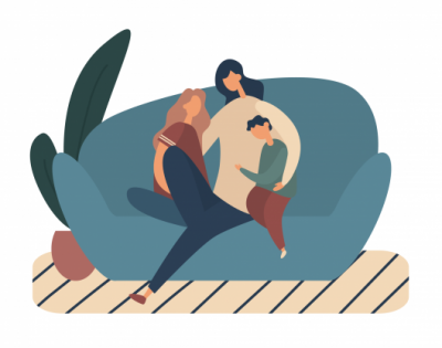 animated family sitting on couch hugging