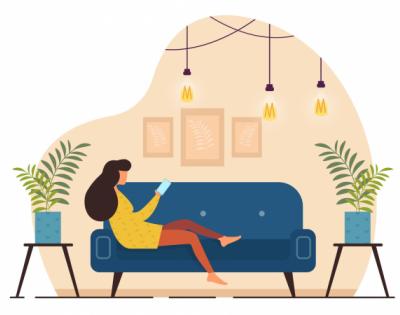animated girl looking at phone sitting on couch