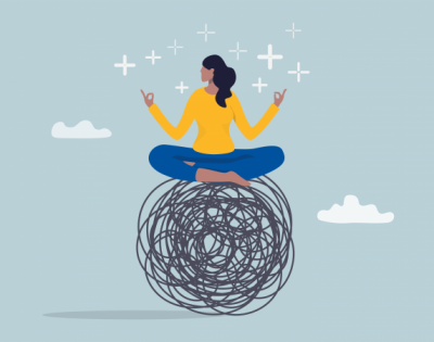 a graphic depicting a woman meditating on top of a ball of stress or trauma