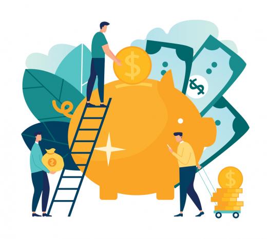 Illustration of people putting money in large piggy bank