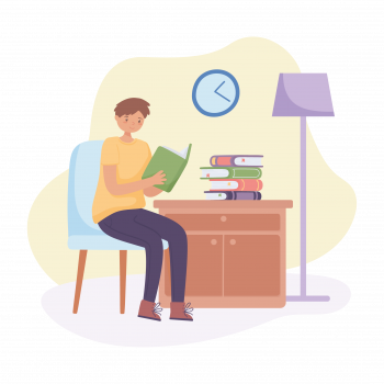 Graphic of a man reading a book at a desk with a clock overhead