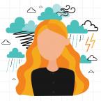 animated person with long orange hair and clouds swirling around their head to represent uncontrolled emotions