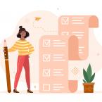 Graphic of a girl holding a big pencil looking at a big checklist