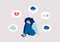 animated person sitting on the ground with eyes closed and thought bubbles around her with anxiety shape, broken heart, rain cloud, low battery, and storm cloud