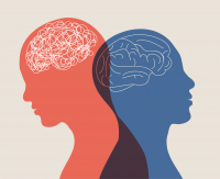 Brainspotting graphic depicting two silhouettes back to back, one with a brain outline and one with a fuzzy emotion cloud in their head