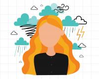 animated person with long orange hair and clouds swirling around their head to represent uncontrolled emotions