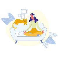 Illustration of woman with headphones meditating on couch next to cat