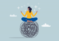 a graphic depicting a woman meditating on top of a ball of stress or trauma